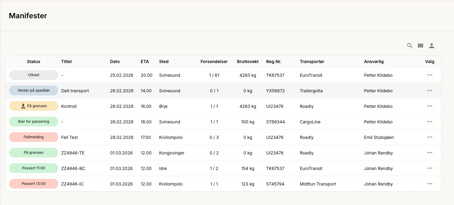 Manifestoversikt i Skypass Digitoll med status per manifest.